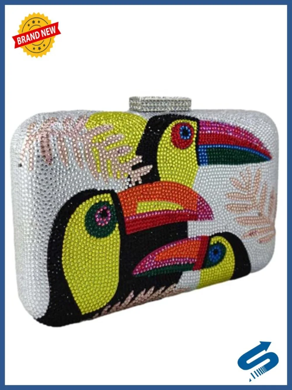 Toucan Crystal Clutch Purses Evening Minaudiere Handbag Satin Rhinestone